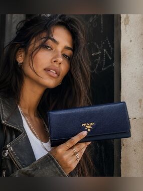 Prada Navy Saffiano Leather Continental Wallet with Gold Logo